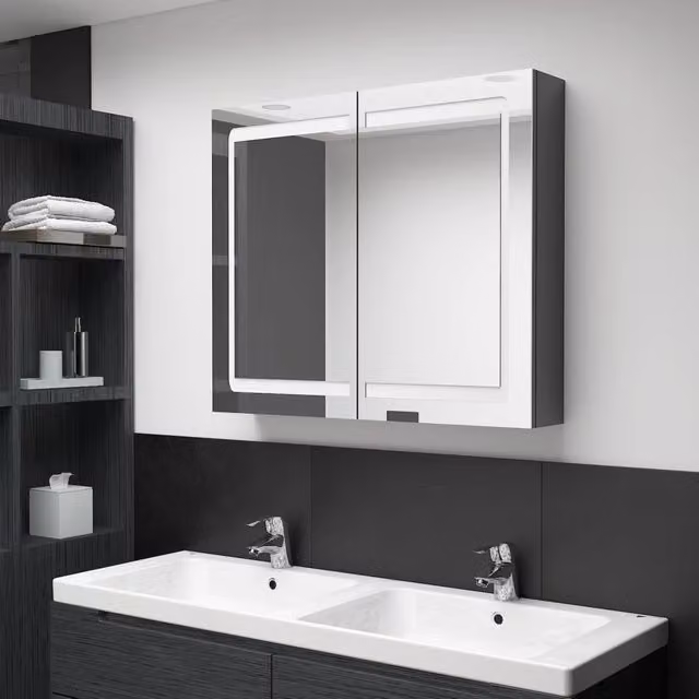 Armario de baño con espejo LED vidaXL en gris brillante, An: 80 cm, Al: 68 cm, P: 12 cm