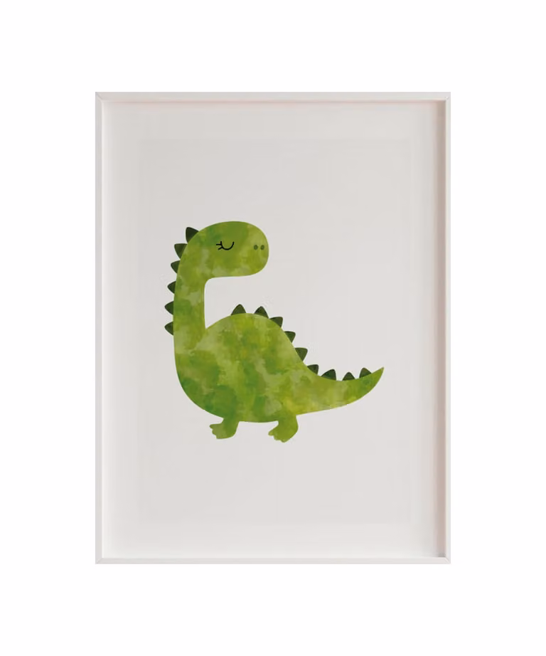 Lámina de ilustración de animales para niños con diseño de dinosaurio, marco de madera blanca, An/Al: 43 x 33 cm