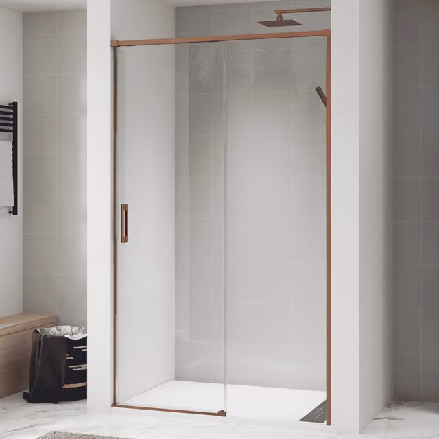 Mampara de ducha frontal BAÑO TOTAL con una puerta corredera y un panel fijo, vidrio de 6 mm transparente con tratamiento antical y perfilería en color cobre, An: 140 cm, Al: 195 cm