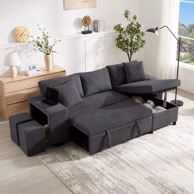 Sofá rinconero convertible Modenvie de 3-4 plazas con función cama, almacenaje, puertos USB y Type-C, tapizado en pana gris, An/P/Al: 231 x 131.5 x 84 cm