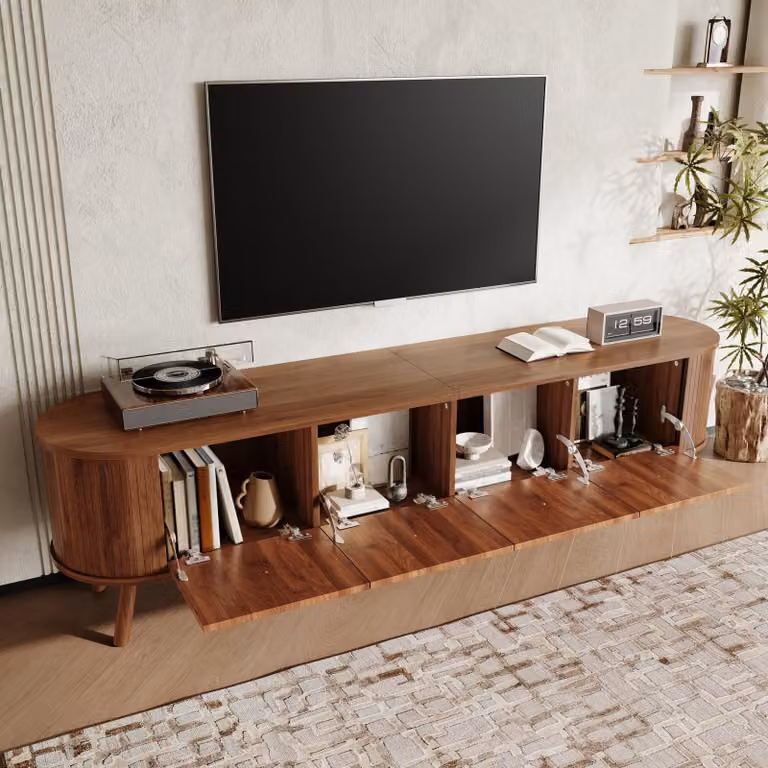 Mueble de TV STILVORA moderno en color nogal con 4 puertas y patas de madera, An/P/Al: 180 x 38 x 47 cm
