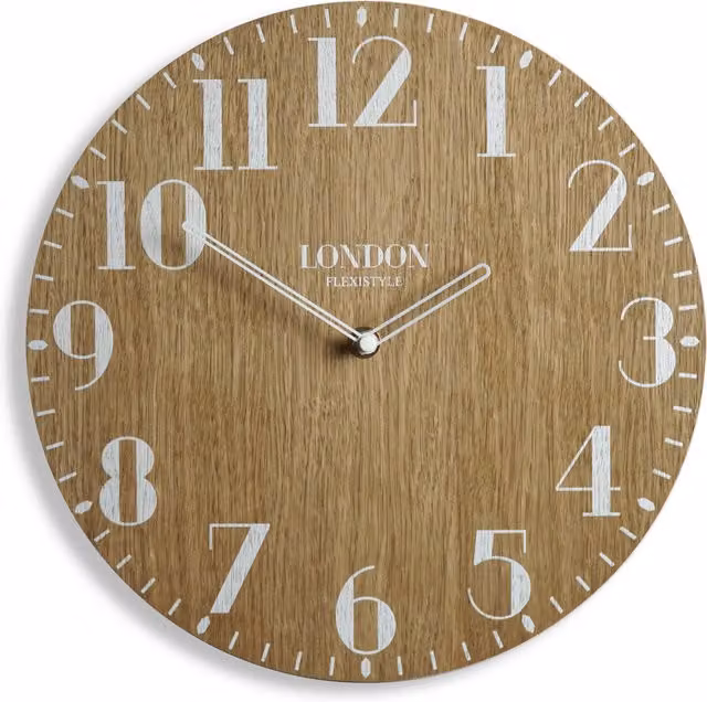 Reloj de pared analógico de madera Flexistyle con diseño clásico y silencioso en color marrón y multicolor, Diámetro: 30 cm