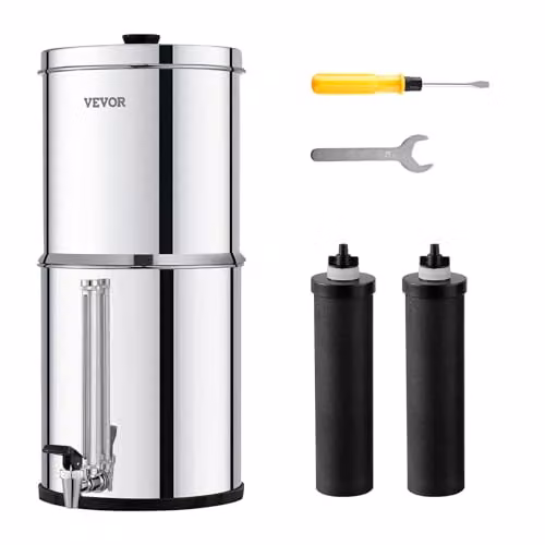 Sistema de filtración de agua por gravedad VEVOR de 8,5 l en acero inoxidable color plata con 2 filtros de carbón y grifo para reducir plomo y cloro