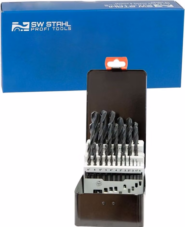 Juego de 25 brocas helicoidales HSS SW-Stahl de 1 a 13 mm en color plata con estuche de acero inoxidable