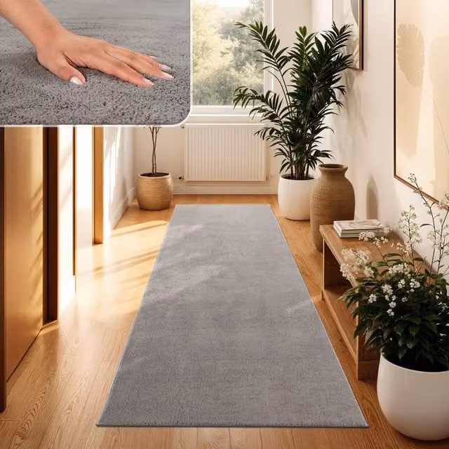 Alfombra Calissa gris de diseño moderno, lavable y antideslizante, An/P: 80 x 300 cm
