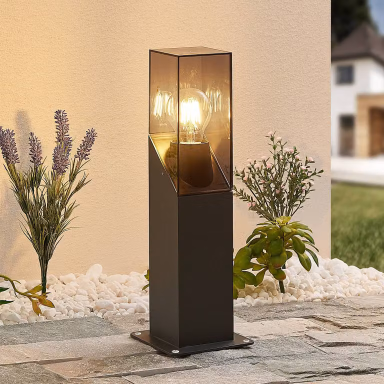 Baliza luminosa Fiola de Lucande para jardín, diseño moderno en aluminio y plástico negro con acabado transparente, atenuable, An/P/Al: 13 x 13 x 40 cm