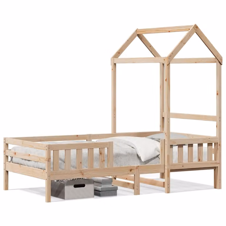 Estructura de cama con techo tipo cabaña vidaXL de madera maciza de pino color marrón, An/P/Al: 190 x 75 x 56 cm