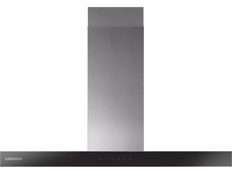 Campana decorativa de isla Samsung en acero inoxidable y cristal color plata y negro con pantalla LED y montaje en pared An/P/Al: 90 x 70 x 66,8 cm