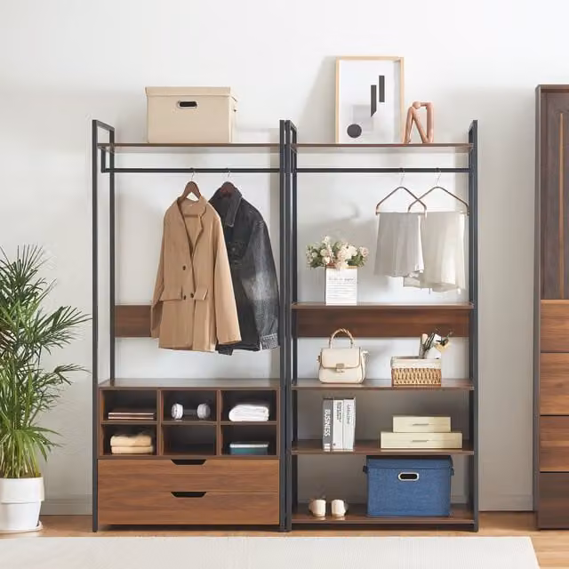 Conjunto de 2 percheros Larem en.casa con 2 cajones y 6 compartimentos, color negro y efecto nogal para dormitorio o recibidor