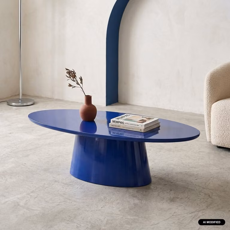 Mesa de centro ovalada SWEEEK en azul con acabado brillante, An/P/Al: 120 x 60 x 35 cm