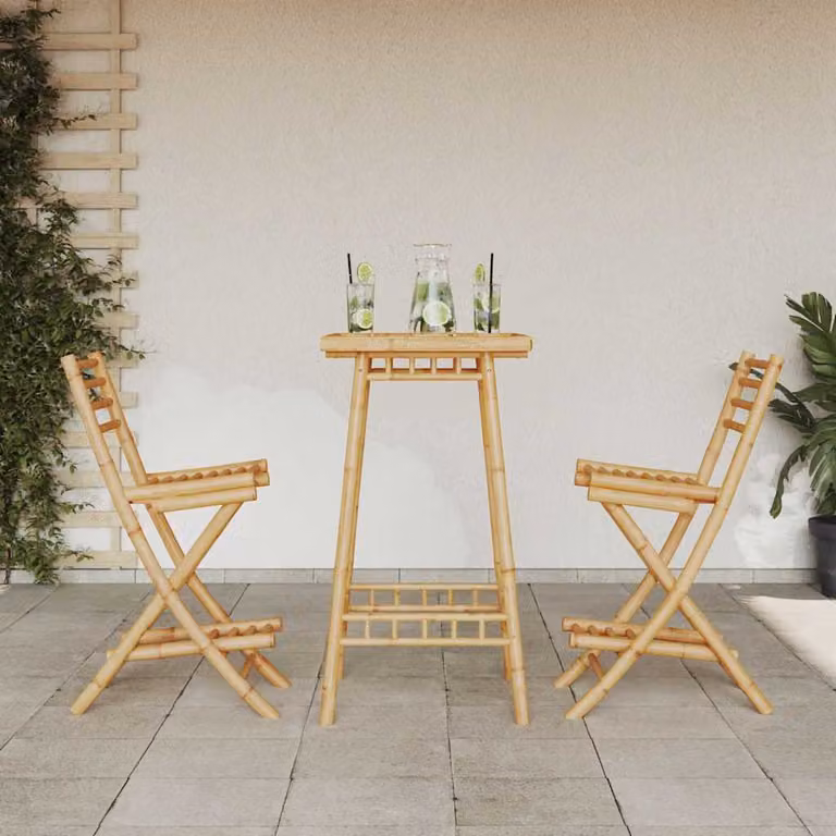 Set de 2 taburetes de bar plegables Syfax de bambú para exterior en color marrón y multicolor con reposapiés