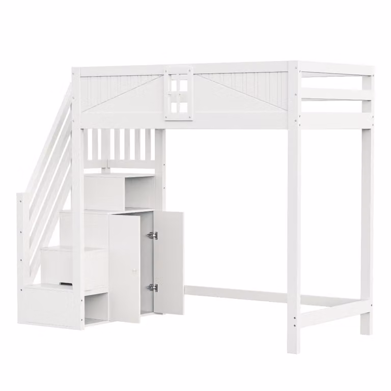 Cama alta infantil OKWISH de madera y MDF blanca con escalera de almacenaje, armario y estantería integrada, An/P/Al: 200 x 90 x 170 cm
