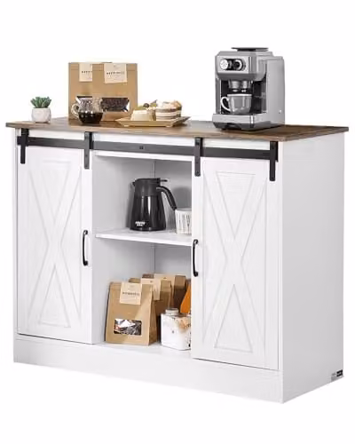 Mueble bar de café VEVOR de estilo rústico con 3 niveles de almacenamiento y puertas tipo granero, An/P/Al: 106 x 40 x 81,5 cm, marrón y blanco