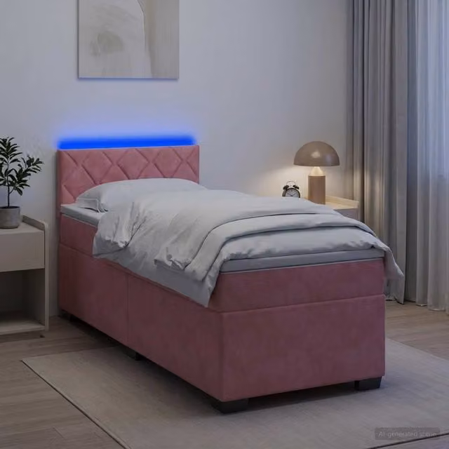 Cama Maison Exclusive con base tapizada en terciopelo rosa y blanco, colchón híbrido, luz LED bajo la cama y puerto de carga USB, An/P/Al: 100 x 200 cm