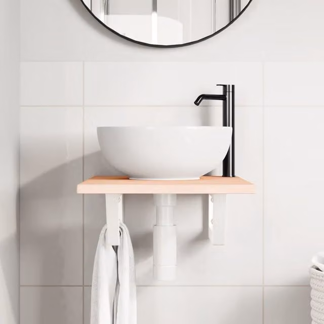 Estante de lavabo de pared SYFAX de madera maciza de roble y metal en color blanco y marrón