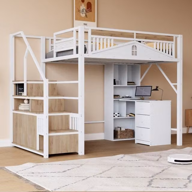 Litera infantil DREAMMESPACE de metal con estructura de casa, escalera con cajón y estante, An/P/Al: 200 x 140 x 145,5 cm, color blanco
