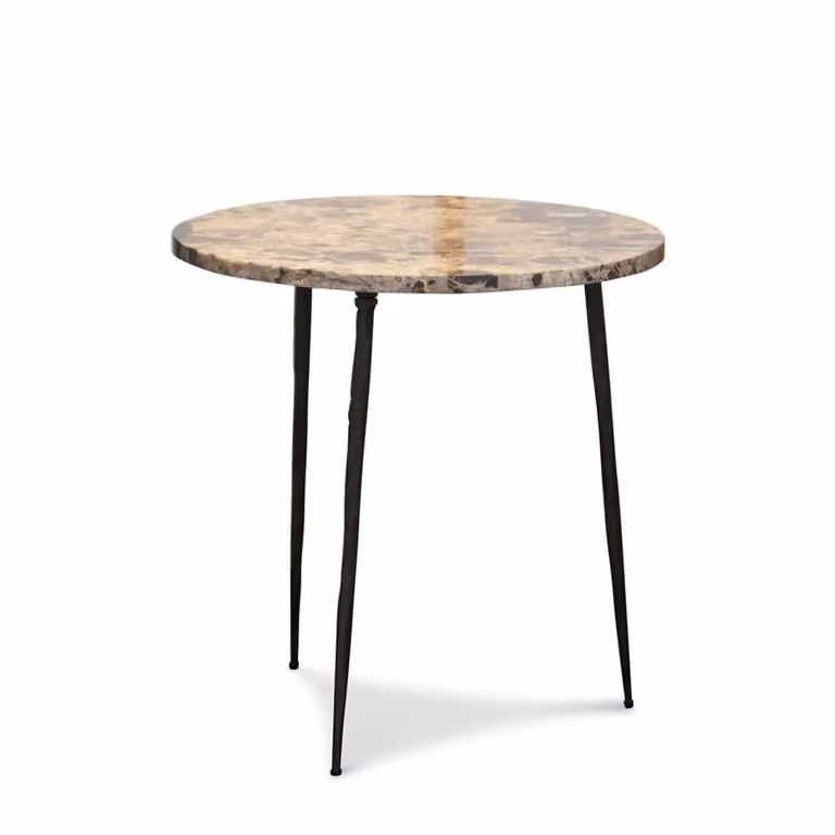 Mesa auxiliar moderna de mármol beige y negro con superficie redonda y acabado brillante para tu salón