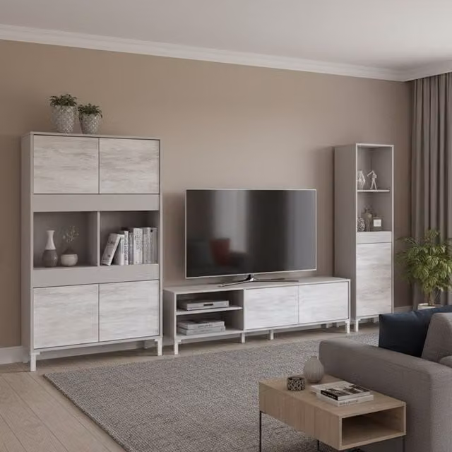 Mueble bajo para salón moderno DMORA en color beige y blanco con sistema push to open y puertas batientes An/P/Al: 180 x 47 x 40 cm