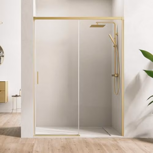 Mampara de ducha frontal B BAÑO TOTAL con puerta corredera y panel fijo, vidrio templado de 6 mm transparente con tratamiento easy clean y perfil de oro de 185 cm, Altura: 195 cm