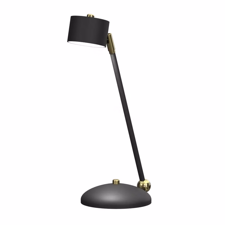 Lámpara de escritorio Mangel de metal en color dorado y negro con diseño minimalista de cilindro