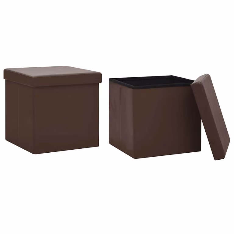 Set de 2 taburetes de almacenaje plegables vidaXL en color marrón y acabado de piel sintética mate