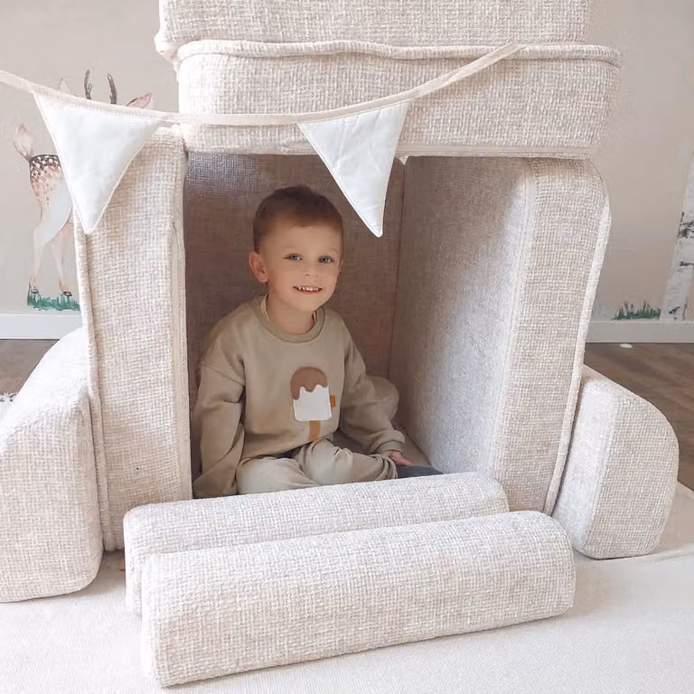 Sofá modular infantil MeowBaby de 12 piezas en tejido de tweed, colores amarillo y beige, con fundas extraíbles y relleno de espuma