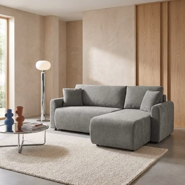 Sofá cama esquinero reversible de tela con arcón de 3 plazas SWEEEK, Gris, An/P/Al: 205 x 142 x 78 cm