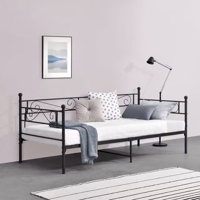 Cama individual de metal Kerava en color negro de en.casa An/P/Al: 90 x 200 cm