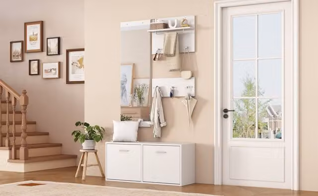 Conjunto de recibidor minimalista AUCUNE de 4 piezas en color blanco que incluye espejo, perchero con 6 ganchos, zapatero y banco de MDF lacado