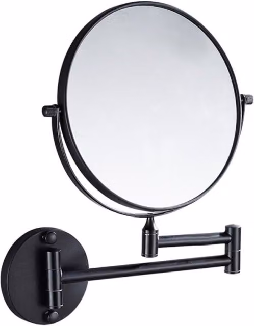Espejo de maquillaje redondo y plegable para baño con montaje en pared en color negro de OEM