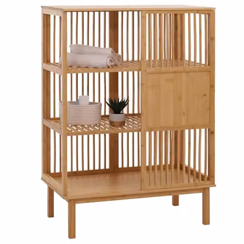 Mendler Estantería de pie de bambú para baño con puertas correderas y 3 estantes, color marrón, An/P/Al: 80 x 45 x 115 cm
