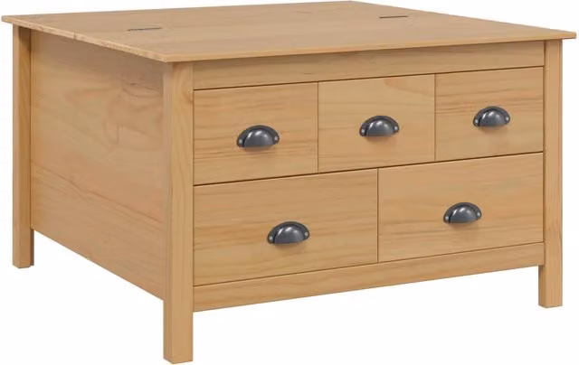 Mesa de café Hill de SYFAX con cajón en color marrón miel y acabado de madera de pino, An/P/Al: 79.5 x 79.5 x 49 cm