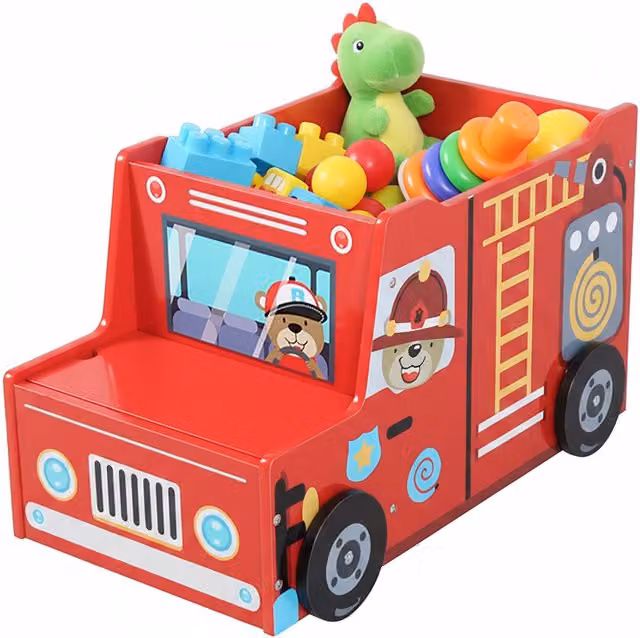 Caja de juguetes de camión de bomberos NORTHIO en color rojo con compartimento secreto para niños, An/P/Al: 38 x 30 x 30 cm