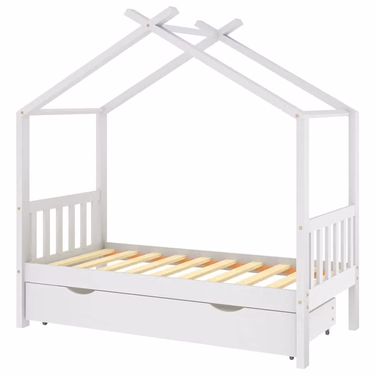 Estructura de cama para niños vidaXL de madera de pino blanca con cajón y diseño de casa escandinava An/P/Al: 160 x 80 x 173 cm