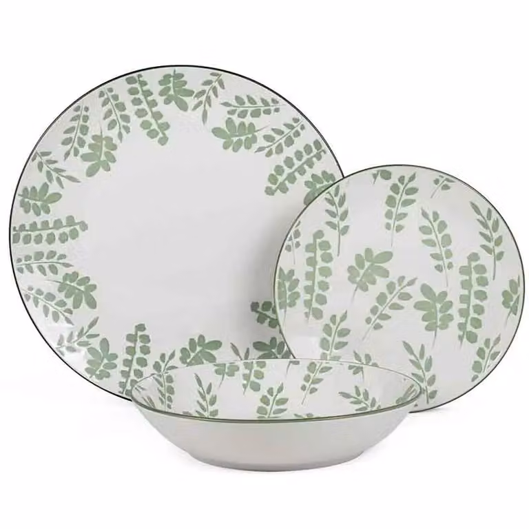 Juego de vajilla de porcelana Fronda de Decorshopping Muebles con diseño floral en blanco y verde para 18 piezas
