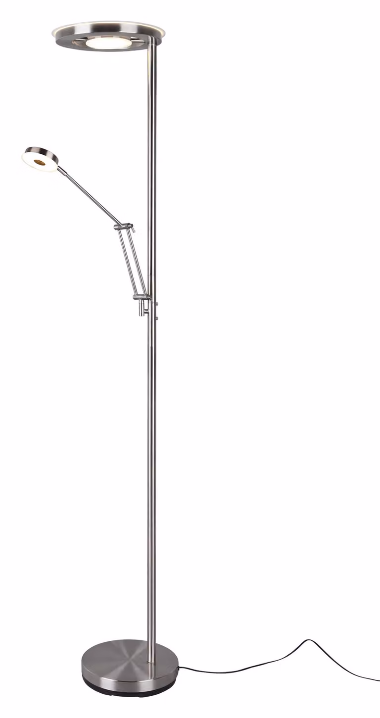 Lámpara de lectura de pie Barrie de Trio en acero inoxidable color plata con tecnología LED y regulable