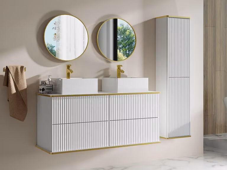 Mueble de baño suspendido estriado con doble lavabo cuadrado y columna Keliza, color blanco y detalles dorados, An/P/Al: 120 x 47 x 85 cm