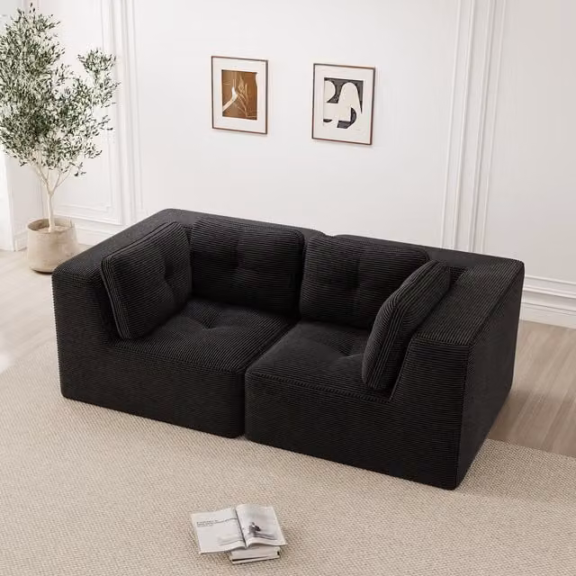Sofá Esquinero Modular y Configurable KELLANY de Dos Plazas en Pana Negra Reversible para Salón o Dormitorio