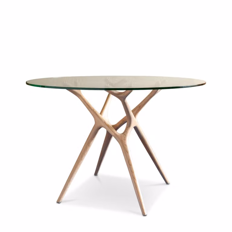 Mesa redonda de comedor escandinava con sobre de cristal transparente y base de fresno beige, Diámetro: 120 cm, Altura: 75 cm