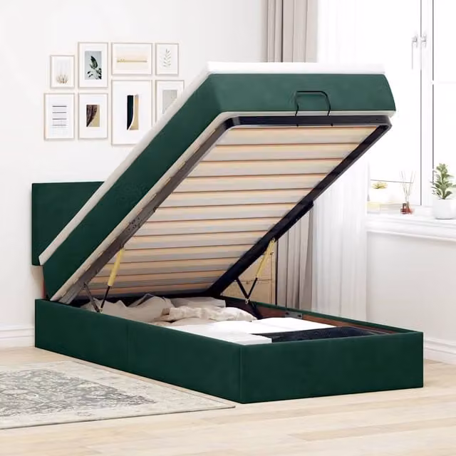 Estructura de cama otomana con colchón Maison Exclusive en terciopelo verde oscuro, An/P/Al: 100 x 200 x 38 cm