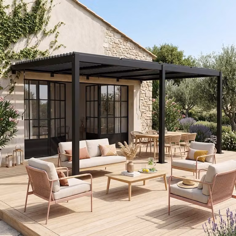 Pérgola bioclimática adosada Sweeek de aluminio con lamas orientables, Negro, An/P: 5 x 3 m