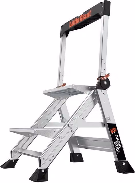 Escalera de tijera plegable Little Giant Jumbo Step de 2 peldaños en aluminio color plata con bandeja y pies de goma