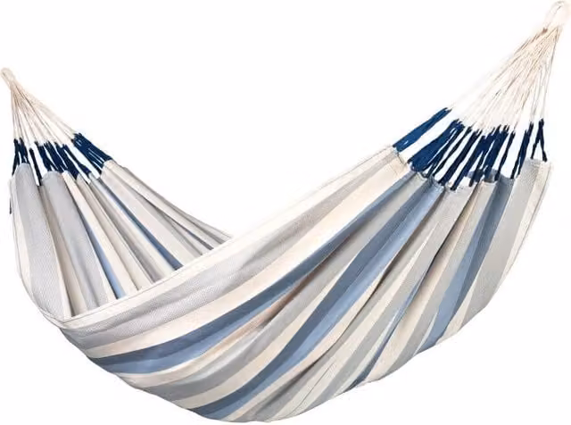 Hamaca Clásica Kingsize La Siesta Outdoor Brisa Sea Salt en color blanco y azul con diseño de rayas