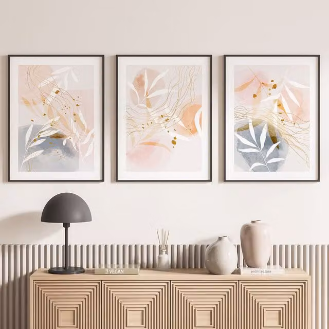 Lote de 3 pósteres decorativos trípticos LUMALÉA con diseños abstractos, de ciudad y botánicos en multicolor, An/An/Al: 30 x 40 cm