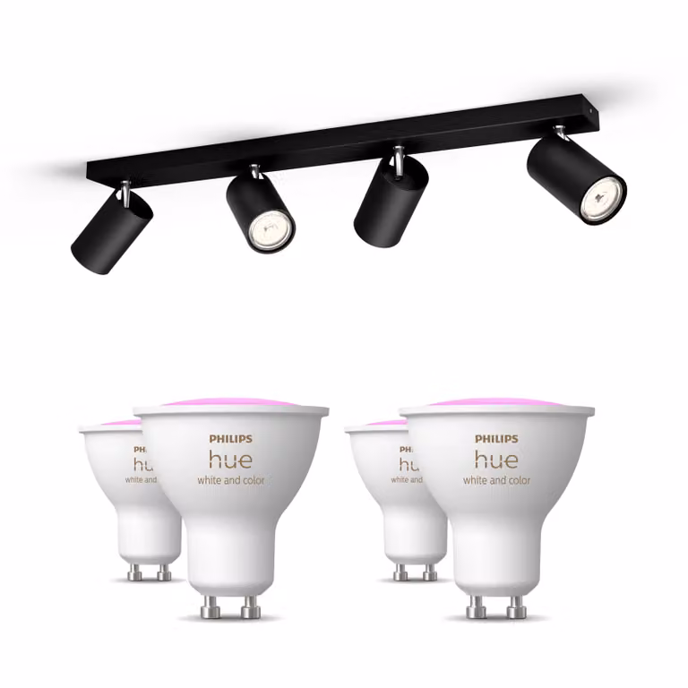 Pack de Philips Hue con 4 focos Kosipo negros y 4 bombillas LED GU10 RGB