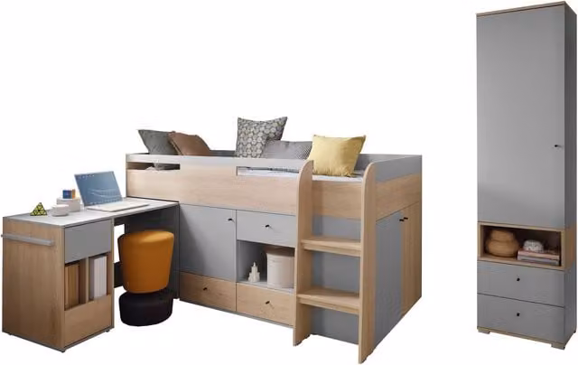 Conjunto de dormitorio infantil Ciravie 109 de MOBILIER1 en color gris y marrón con estructura de cama de 90 x 200 cm