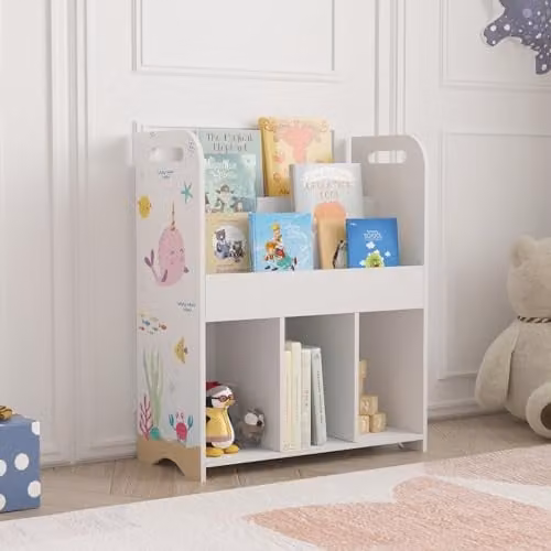 Estantería infantil Røyrvik de en.casa con 6 compartimentos abiertos, diseño de mundo océano, color blanco, An/P/Al: 75 x 62 x 29 cm