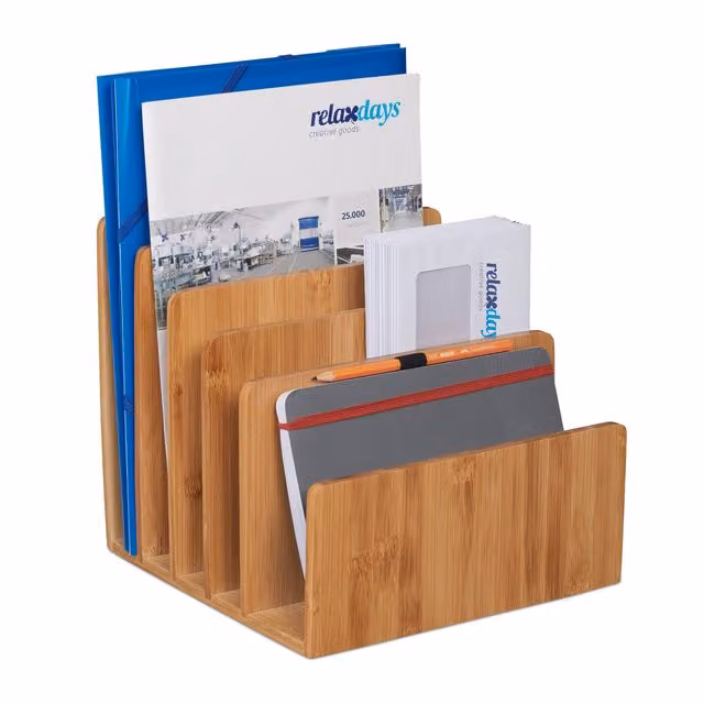 Organizador de documentos de escritorio Relaxdays de bambú con 5 compartimentos, color beige o marrón, An/P/Al: 24,5 x 1,78 x 25 cm