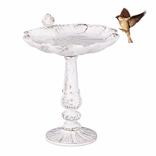Bebedero de pie para aves silvestres Relaxdays de hierro fundido con diseño antiguo, color blanco, An/P/Al: 22 x 22 x 1.7 cm
