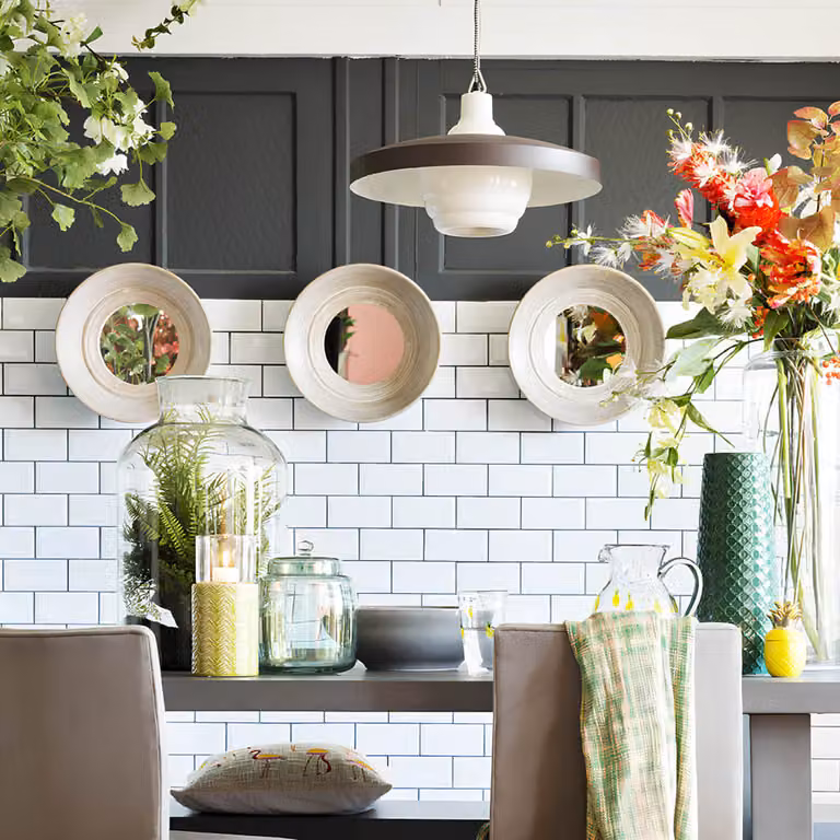 Portavelas decorativo Sia Deco de cerámica y vidrio verde con diseño étnico y geométrico, redondo, Altura: 24 cm